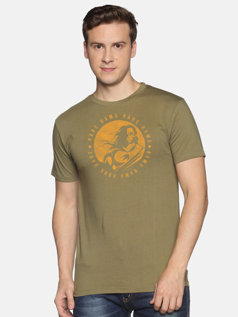 

MASH UNLIMITED Men Olive Green Printed Raw Edge Slim Fit T-shirt