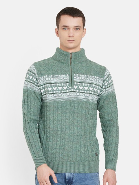 

Duke Men Green & White Printed Pullover with Zip Detail