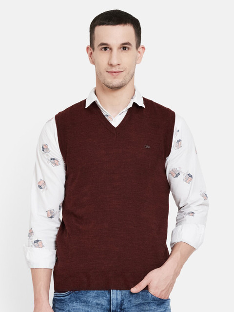 

Duke Men Maroon Solid Sweater Vest