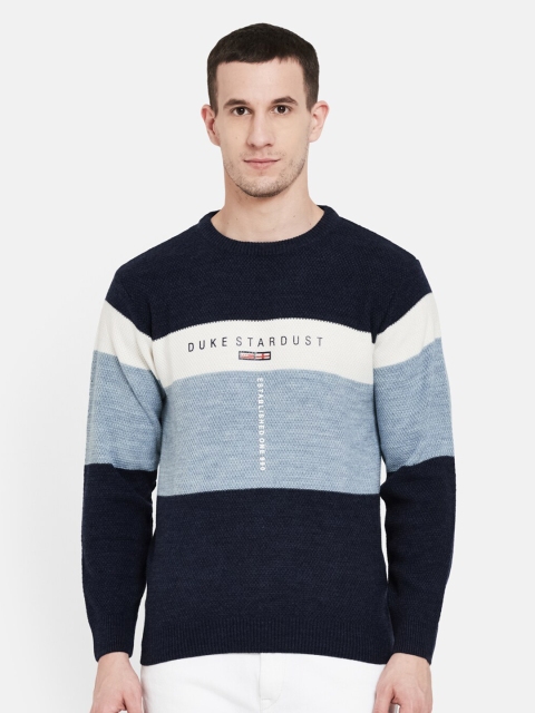 

Duke Men Blue & White Colourblocked Printed Pullover