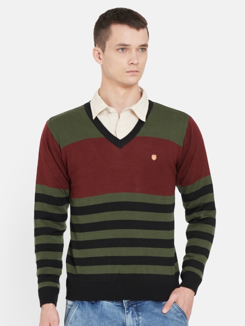 

Duke Men Olive Green & Maroon Colourblocked Striped Pullover