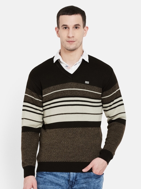 

Duke Men Brown & White Colourblocked Striped Pullover