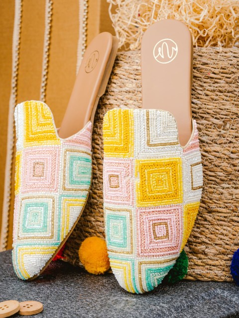 

NR By Nidhi Rathi Women Multicoloured Beaded & Hand Embroidered Mules, Multi