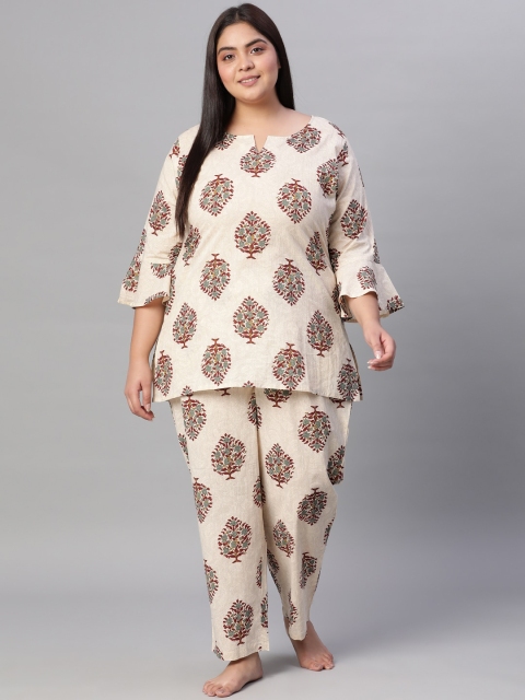 

Nayo Women Cream-Coloured & Maroon Printed Plus Size Night suit