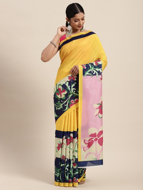 

cbazaar Yellow & Navy Blue Floral Silk Cotton Saree