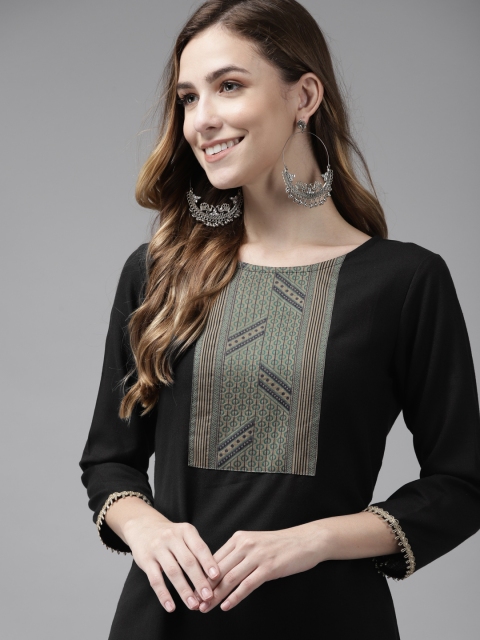 

Indo Era Women Black Geometric Yoke Design Kurta