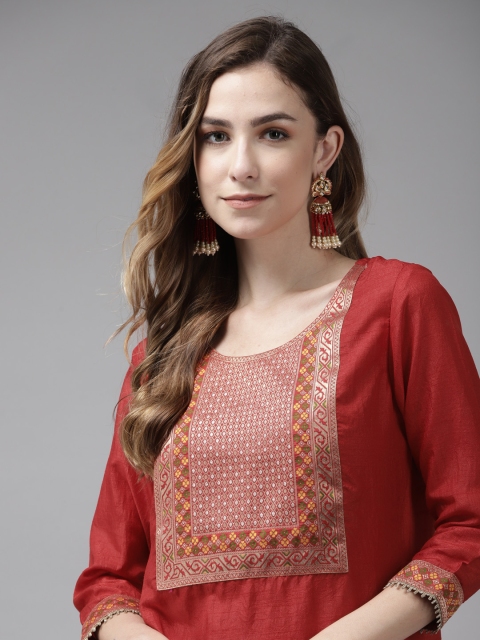 

Indo Era Women Red Ethnic Motifs Yoke Design Kurta