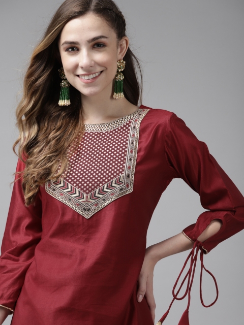 

Indo Era Women Maroon Yoke Design Liva Kurta