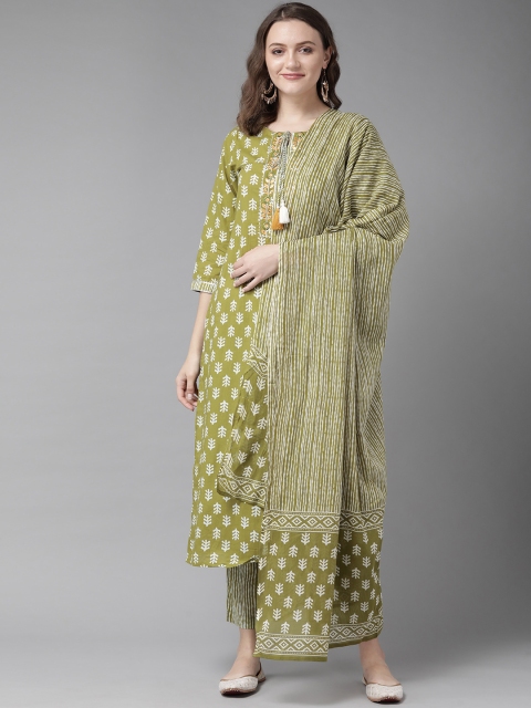 

Amirah s Women Olive Green Ethnic Motifs Printed Regular Mirror Work Pure Cotton Kurta with Palazzos & With