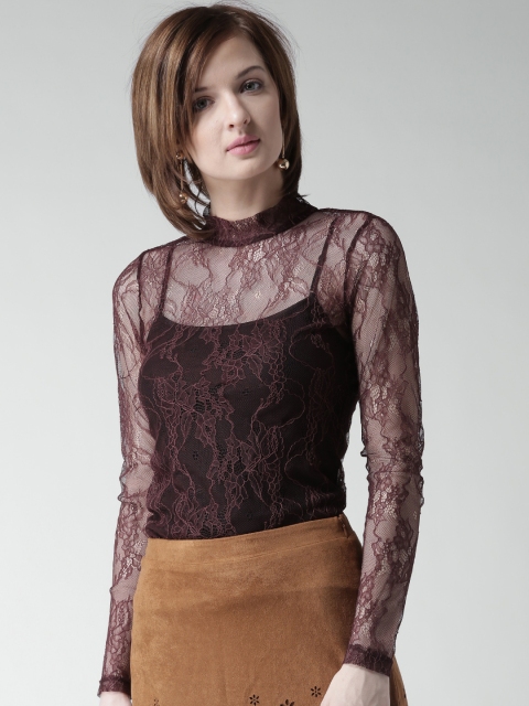 

FOREVER 21 Women Burgundy Lace Sheer Top