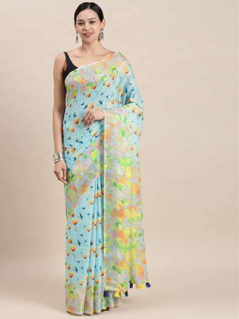 

aamna Blue Floral Linen Blend Ikat Saree