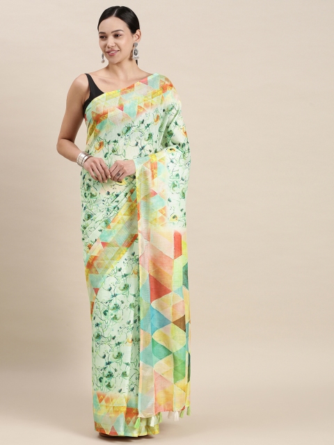

aamna Green Floral Linen Blend Ikat Saree