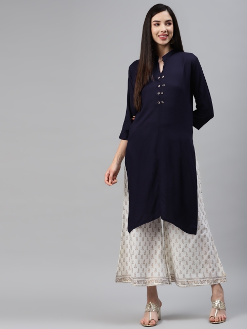 

Sasimo Navy Blue Mandarin Collar Kurti