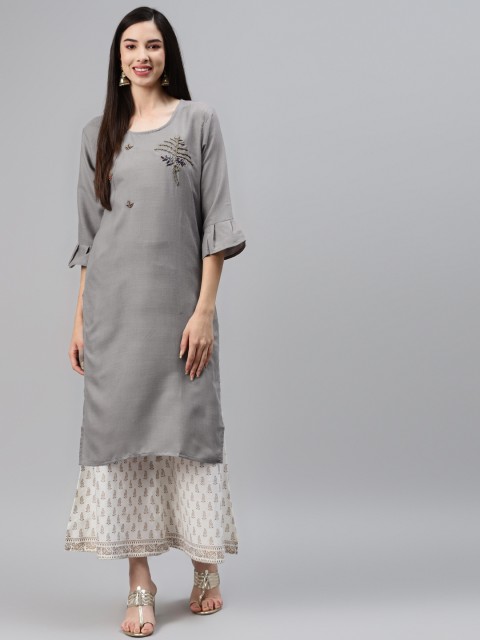 

Sasimo Grey Embroidered Three-Quarter Sleeves Kurti