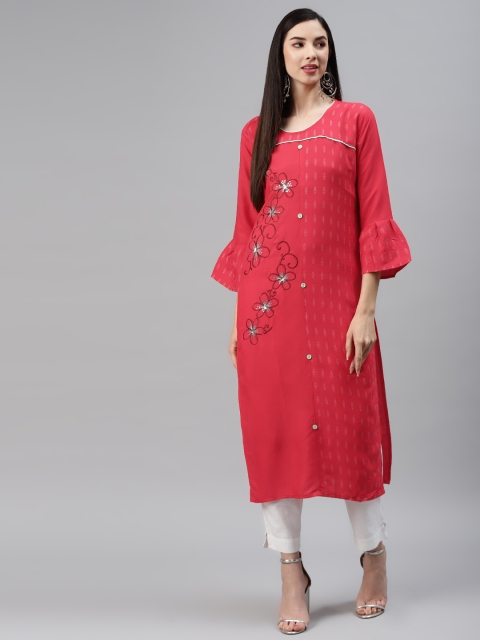 

Sasimo Red Floral Embroidered Thread Work Organic Cotton Thread Work Kurti
