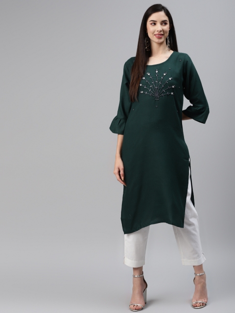 

Sasimo Green Paisley Embellished Three-Quarter Sleeves Kurti