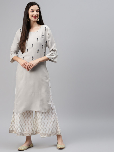 

Sasimo Grey Ethnic Motifs Yoke Design Kantha Work Kantha Work Kurti