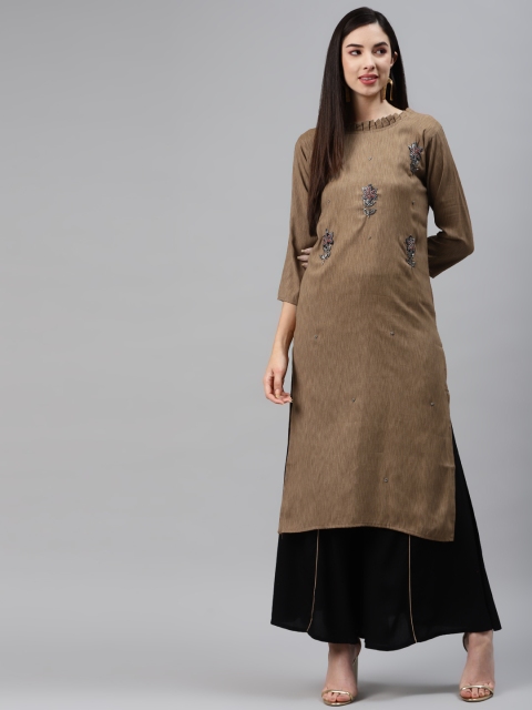 

Sasimo Mustard Brown Ethnic Motifs Yoke Design Kantha Work Kantha Work Kurti