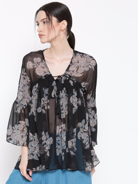 

FOREVER 21 Women Black Printed Sheer Top
