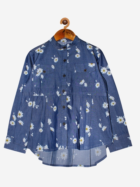 

KiddoPanti Blue Floral Mandarin Collar Shirt Style Top