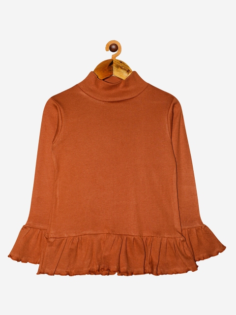 

KiddoPanti Brown High Neck Knitted Pleated Pure Cotton Regular Top