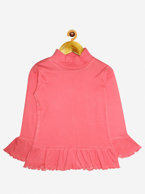 

KiddoPanti Girls Pink Solid High Neck Frill Pure Cotton Regular Top