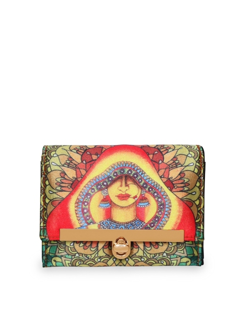 

All Things Sundar Women Red & Green Ethnic Motifs Printed Three Fold Wallet