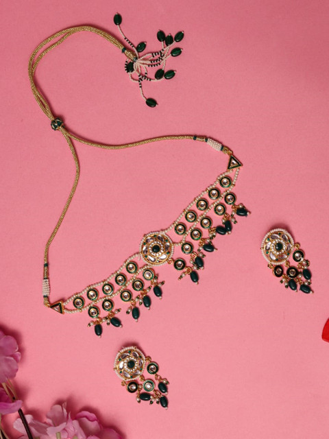 

MORKANTH JEWELLERY Gold Plated Green & White Kundan Studded Handcrafted Jewellery Set