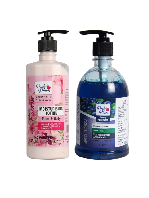 

Pink Plums Unisex Pink blossom Blue Berry Handwash & Aromatic Face & Body Moisturizer, Assorted