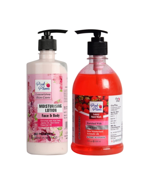 

Pink Plums Unisex Pink Blossom Strawberry Handwash & Aromatic Face & Body Moisturizer, Assorted