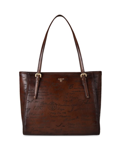 

Da Milano Brown Textured Leather Oversized Structured Shoulder Bag with Cut Work