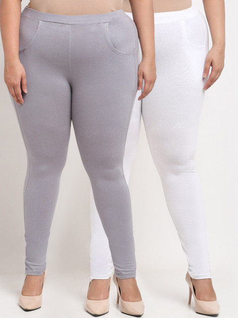 

TAG 7 PLUS Women Pack Of 2 Solid Ankle-Length Plus Size Leggings, White