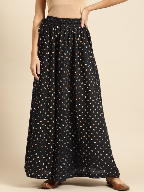 

TAG 7 Women Black & Yellow Printed Flared Palazzos