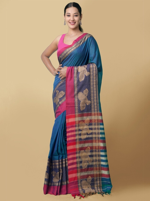 

Unnati Silks Blue & Pink Solid Pure Cotton Handloom Kanchi Saree