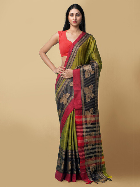 

Unnati Silks Green Red Solid Pure Cotton Handloom Kanchi Saree