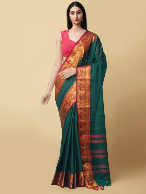 

Unnati Silks Green & Red Solid Pure Cotton Handloom Narayan Peth Saree