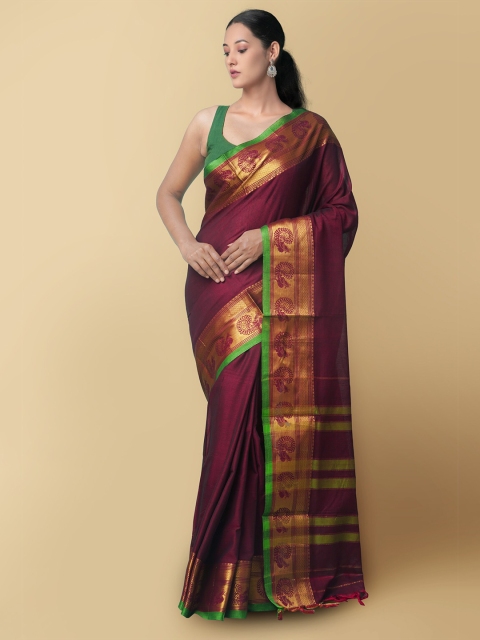 

Unnati Silks Maroon & Green Solid Pure Cotton Handloom Narayan Peth Saree