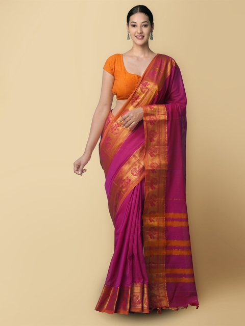 

Unnati Silks Pink & Orange Solid Pure Cotton Handloom Narayan Peth Saree