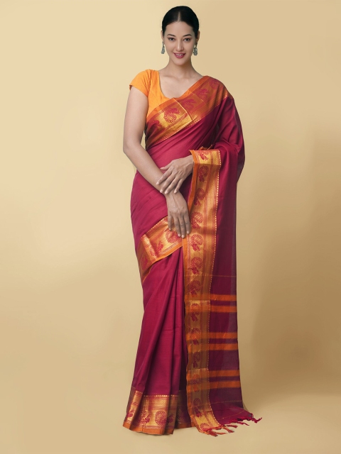 

Unnati Silks Maroon & Orange Solid Pure Cotton Handloom Narayan Peth Saree