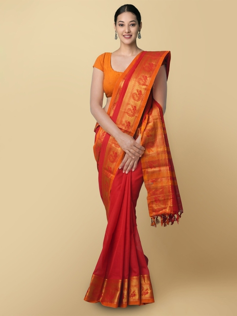 

Unnati Silks Red & Orange Solid Pure Cotton Handloom Narayan Peth Saree
