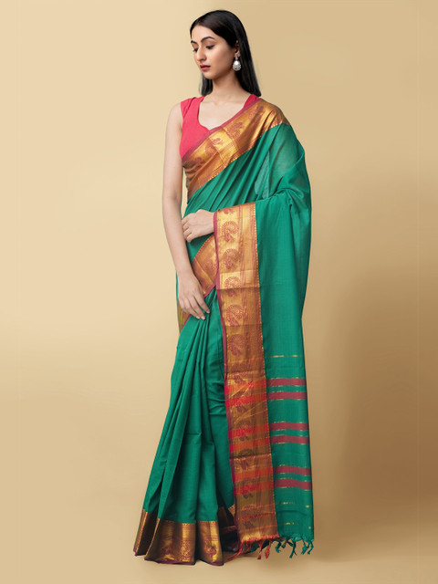 

Unnati Silks Green & Red Solid Pure Cotton Handloom Narayan Peth Saree