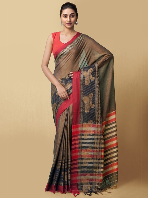 

Unnati Silks Brown & Red Pure Cotton Handloom Kanchi Saree