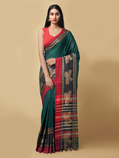 

Unnati Silks Green & Red Pure Cotton Handloom Kanchi Saree