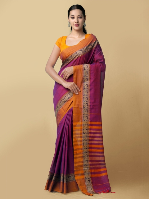 

Unnati Silks Purple & Orange Pure Cotton Handloom Kanchi Saree
