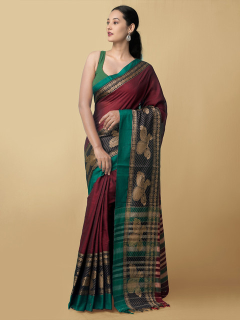 

Unnati Silks Maroon & Green Pure Cotton Handloom Kanchi Saree
