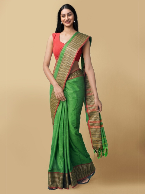 

Unnati Silks Green & Red Solid Pure Cotton Handloom Narayan Peth Saree