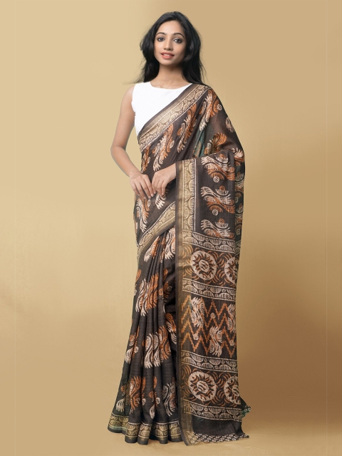 

Unnati Silks Taupe & White Batik Printed Art Linen Saree
