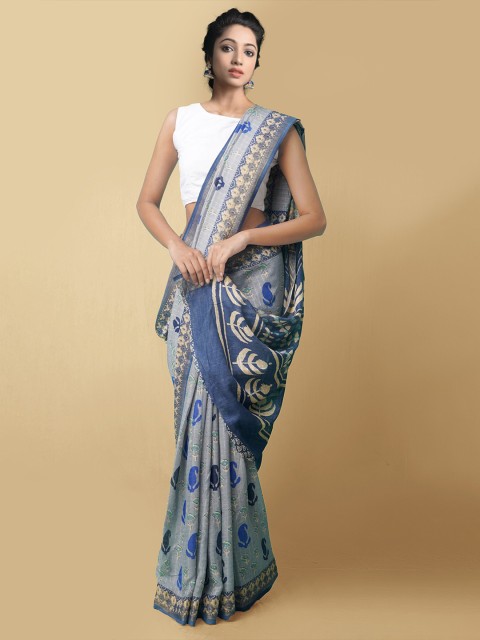 

Unnati Silks Women Blue & Off White Printed Art Linen Saree