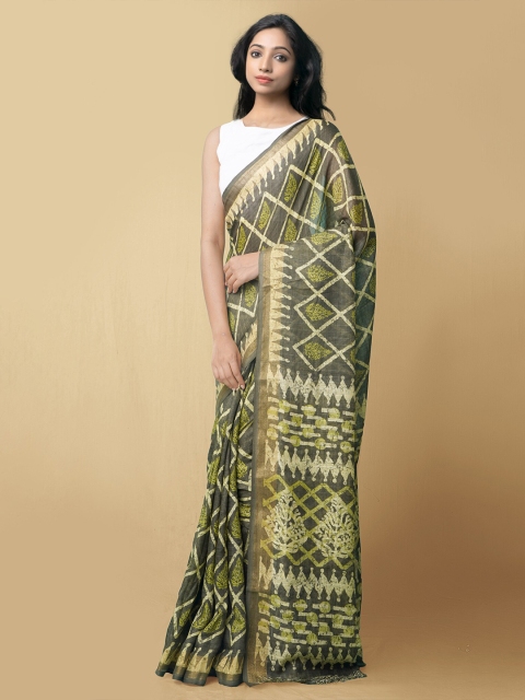 

Unnati Silks Green & Off White Batik Printed Art Linen Saree