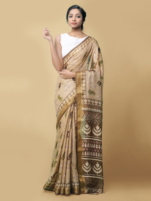 

Unnati Silks Women Brown & Beige Printed Art Linen Saree